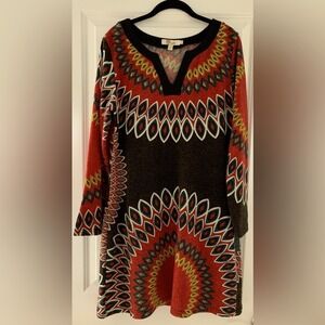 Aryeh Black Red Yellow Teal Geometric Floral Dress Size L 0065
